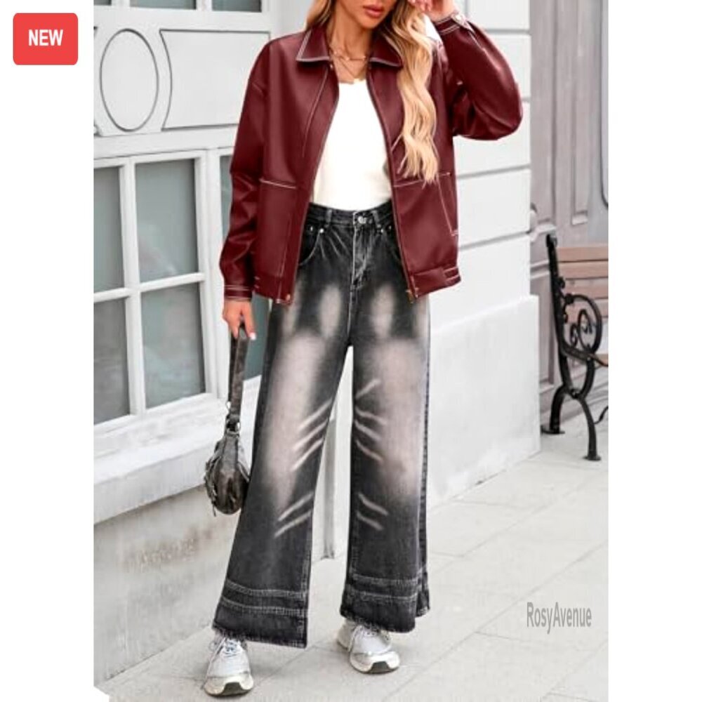 Faux Leather Motorcycle Jacket Oversized Bomber Zip Up Fall Winter Coat - Picture 5 of 5